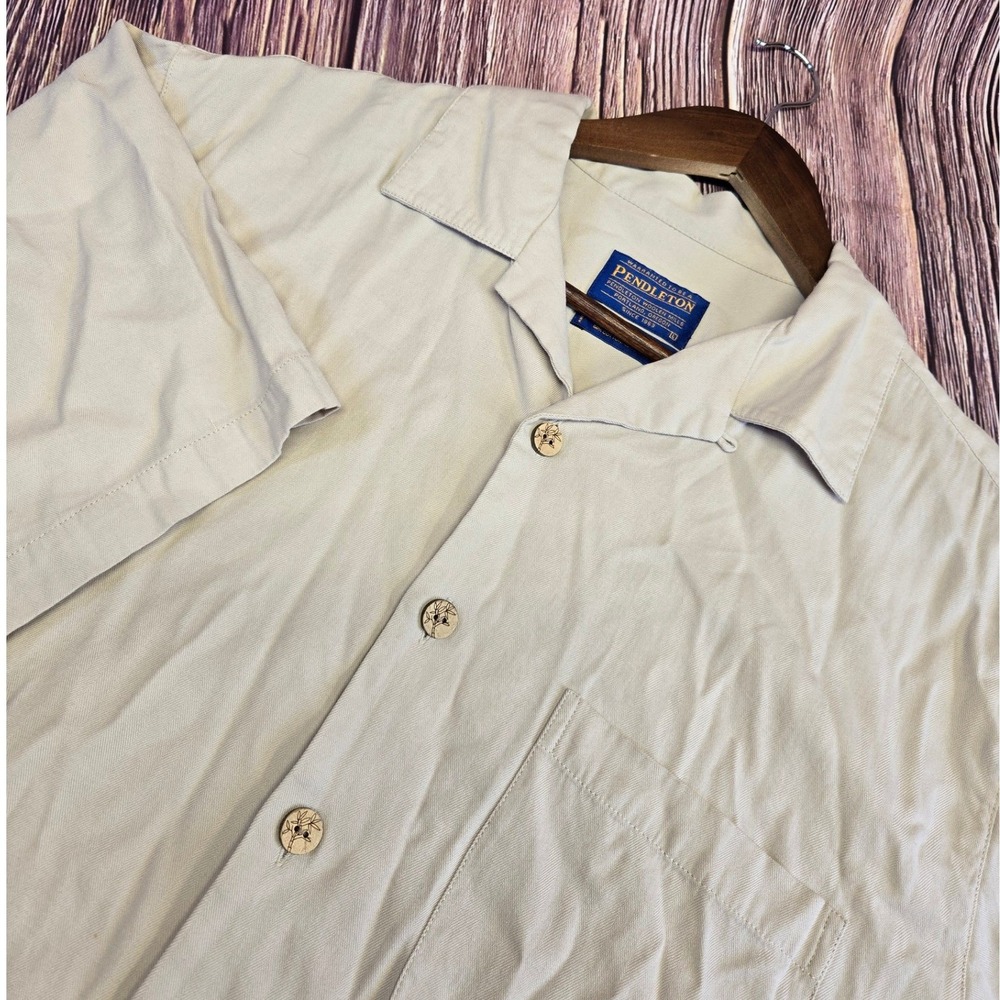 Pendleton Mens Bamboo Cotton Herringbone Camp Shirt Khaki Tan Short‎ Sleeve L